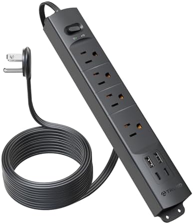 Ultra-Slim TROND Surge Protector Power Strip with 3 USB Ports & Type C – 4 AC Outlets for Maximum Device Protection & Charging Speed – 1440 J Surge Defense, ETL Listed, Space-Saving Wall Mount Design for Home Office & Dorm Use – Versatile Power Management Solution in Elegant Black