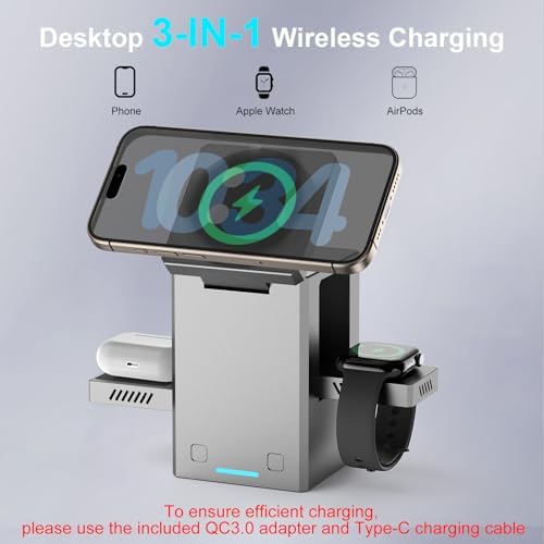 Advanced 25 W 3-in-1 Wireless Charging Station for Apple Devices – Space-Saving Auto Expand/Collapse Mag-Safe Stand for i Phone 16/15/14 Series, Apple Watch, and Air Pods – Compact Travel Charger Dock in Metal Gray with Enhanced Safety Features and Fast Magnetic Charging