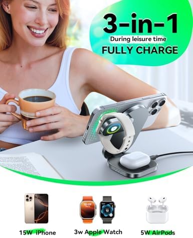 Joyroom Qi2 3-in-1 Wireless Charging Dock: 15 W Fast Charger for i Phone 16/15/14/13, Apple Watch, and Air Pods with Magnetic Foldable Design – Ultimate Device Compatibility and Speed for Home & Travel Charging Needs
