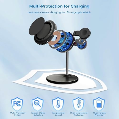 2-in-1 Magnetic Wireless Charger Station for i Phone & Apple Watch – 15 W Fast Charging Pad with Detachable Stand, Includes 25 W PD Adapter – Optimal Compatibility for i Phone 16/15/14/13/12 Series & Apple Watch Models – Travel-Friendly Design with Enhanced Magnetic Alignment for Secure Charging & Vertical/Horizontal Viewing
