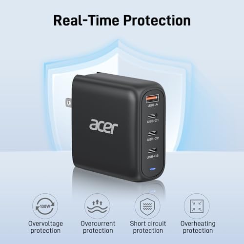 Acer 100 W Ga N II USB-C Charger with 4-Port Extension Cable – Ultra-Fast Charging for Mac Book Pro/Air, i Phone 16, Galaxy S24, i Pad Pro, Acer Nitro 5 – Compact & Versatile Power Solution for Home, Office, and Travel – Safe, Efficient, and Convenient Charging with Foldable Design and Removable Cord