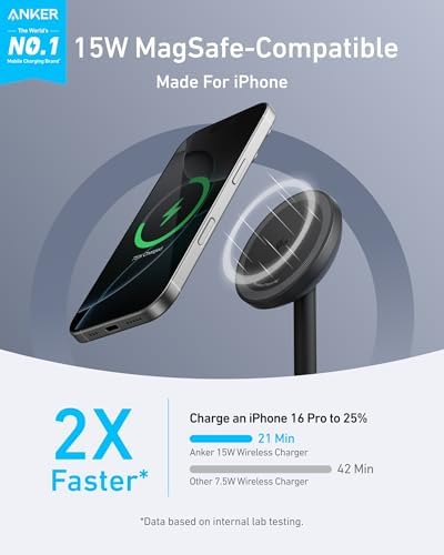 Anker Mag Go i Phone 16 Mag Safe Charger Stand – 15 W Fast Magnetic Wireless Charging Station with Qi2 Certification, 360° Device Compatibility & Sleek Design for i Phone 16/15/14/13/12 Series & Air Pods (Includes 25 W Adapter) – Elevate Your Charging Experience Today!