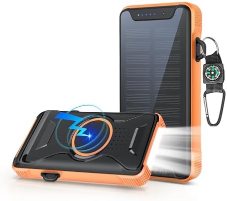 Lekzai 20,000 m Ah Solar Power Bank – Advanced Wireless Fast Charger with USB-C PD 20 W, Outdoor-Ready External Battery Pack Featuring LED Flashlight for Camping & Adventures in Vibrant Orange – Ultimate Compatibility & Speed for All Devices