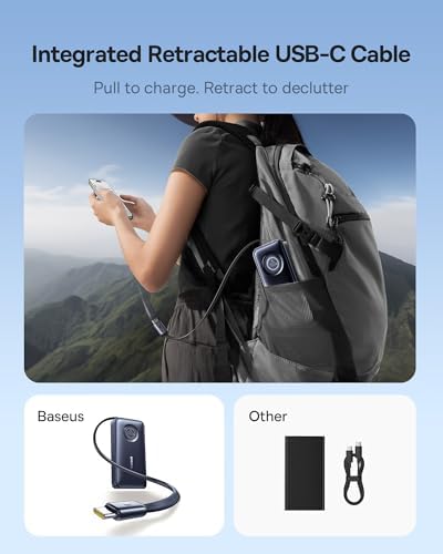 Baseus Enercore 20000 m Ah Power Bank with 67 W Fast Charging – Compact Portable Charger Featuring Built-in Retractable USB-C Cable for Laptops, i Phone 16/15, Samsung, Mac Book, and Drones – Essential Travel Companion for Uninterrupted Power