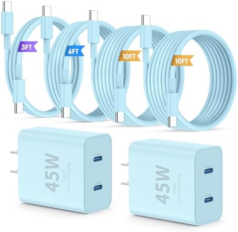 Ultimate Fast Charging Solution for i Phone 16/15 Pro Max – 45 W Dual Port USB-C Charger Block (2-Pack) with Extra Long 60 W Cables – PD Quick Adapter 3.0 for Enhanced Device Compatibility and Speed – Perfect for Home or On-the-Go Charging