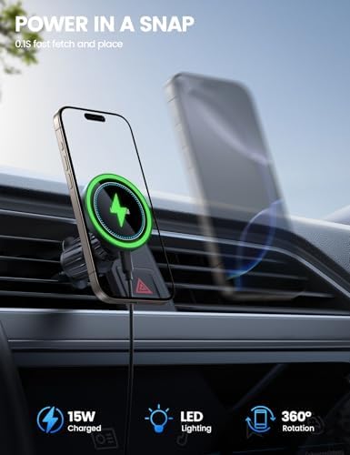 Lamicall Mag Safe Wireless Car Mount Charger – 15 W Fast Charging Phone Holder for i Phone 16, 15, 14, 13 Pro Max – Secure Magnetic Vent Mount for Hands-Free Navigation – Sleek, Durable Design for Effortless Installation and Enhanced Driving Safety