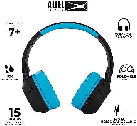 Altec Lansing Kid-Safe Wireless Headphones – Active Noise Cancellation for Children Aged 7+, 85 d B Volume Limiting, 15-Hour Battery Life, Ergonomic Foldable Design for Ultimate Comfort and Safety in Music, Movies, and Gaming