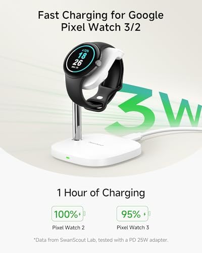 Sleek Black Fast Charging Stand for Google Pixel Watch 3/2 & Swan Scout 505 G2 – Stylish, Compact Charger Base with Advanced Safety Features and Rapid Power Delivery for Smartwatch Enthusiasts