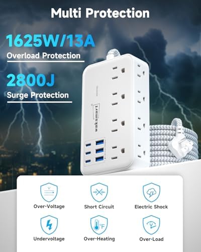 Maximize Your Charging Efficiency with the 2800 Joules Surge Protector Power Strip – 8 AC Outlets & 6 Fast-Charging USB Ports (4.8 A/24 W) for i Phone 15, 5 ft Flat Extension Cord & Wall Mount Design – Perfect for Home, Office & Travel Needs