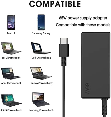 Universal 65 W USB-C Laptop Charger for Chromebook – Fast Charging Compatibility with HP, Dell, Lenovo, Acer, Asus, Samsung – Versatile Type-C Power Adapter for 45 W and 65 W Devices – Reliable and Efficient Charging Solution for Modern Laptops
