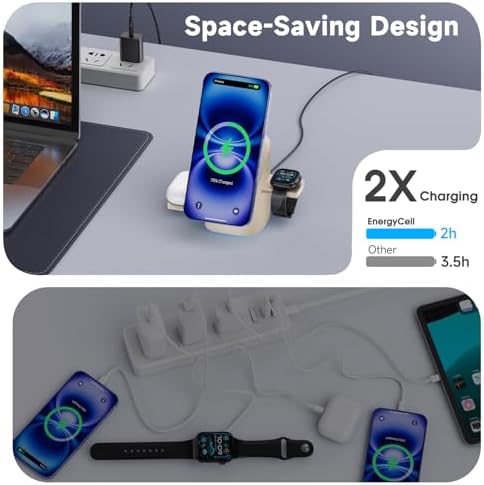 Revolutionary 3-in-1 Rotating Wireless Charger – Qi2 Certified 15 W Fast Charging Station for i Phone 16/15/14/13/12, Apple Watch & Air Pods – Enhanced Heat Management & Magnetic Alignment – Sleek Matte Design with Touch-Sensitive Stand and Ambient Night Light – Effortless Portrait/Landscape Mode for Seamless Use – Ultimate Charging Solution for All Your Apple Devices – Organized Desktop Power Hub with Smart IC Protection – Includes Power Adapter & USB-C Cable – Perfect for Home, Office, or Travel