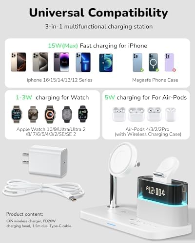 Ultimate 5-in-1 Wireless Charging Station with Alarm Clock and Night Light – Sleek Mag-Safe Dock for i Phone 16/15/14/13/12, Apple Watch & Air Pods – Fast Charging & Space-Saving Design for Nightstand Organization