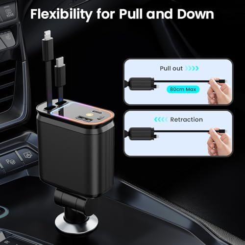 Innovative 66 W Retractable Car Charger Adapter with Ambient Starlight – 4-in-1 Fast Charging USB C Hub for i Phone 16/15/14/13/12/11, Galaxy, and Pixel Devices – Dual Retractable Cables for Effortless Multi-Device Charging and Clutter-Free Travel