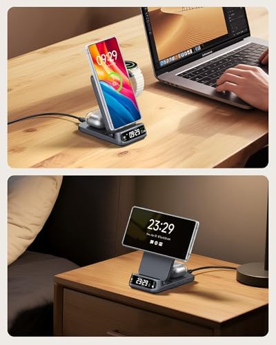 Magnetic 3-in-1 Wireless Charging Station for Samsung Devices – Foldable Fast Charger for Galaxy S25/S24/S23/Note 20/Z Fold & Flip Series, Galaxy Watch 7/6/5 Pro/Ultra & Buds Pro/Live – Enhanced Compatibility with Adjustable Dimming Clock, Rapid Charging Efficiency, and Portable Design for Travel and Home Use
