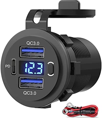 12 V Dual USB C Car Charger Socket with Quick Charge 3.0, Integrated Voltmeter & Power Switch – Ultimate Charging Solution for Vehicles, Boats, and Trucks, Enhanced Versatility & Safety