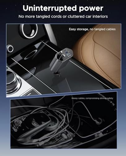 Versatile Retractable Car Charger – 4 in 1 Fast Charging Solution with Dual Type C Cables and 2 USB Ports for i Phone 15/14/13/12/11 Pro Max, Galaxy, Google Pixel – Tangle-Free Convenience & Enhanced Speed for Modern Drivers