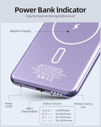 Magnetic Wireless Power Bank 5000 m Ah for i Phone 16 Series – Ultra-Slim Portable Charger with 15 W Fast Charging, PD 20 W USB-C Output, and Strong Adhesion for On-the-Go Convenience – Premium Aluminum Design with Intelligent Safety Features for Seamless Charging Experience