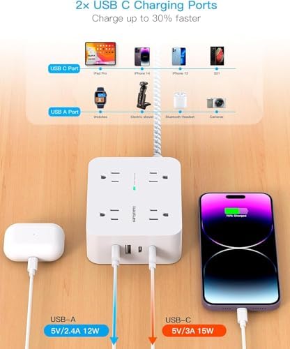 HANYCONY 15 Ft Extension Cord Power Strip with 8 AC Outlets & 4 USB Ports (2 USB-C) – 1080 J Surge Protector for Enhanced Safety, Wall Mountable Desk Charging Station for Home Office & College Dorm Essentials