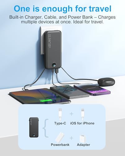 Ultra-Fast Portable Phone Charger with 12000 m Ah Capacity – All-in-One Power Bank with Integrated Cables, Wall Plug, and LED Display for i Phone, i Pad, Samsung – Essential Travel Companion for Uninterrupted Connectivity
