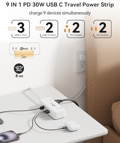 Compact Power Strip with USB-C and Dual USB-A Ports – 3 ft Extension Cord with 4 Outlets & 4.8 A Fast Charging Station for Laptops, Tablets, and Smartphones – Flat Plug Design Perfect for Tight Spaces and Travel – Versatile Multi-Device Charging Hub for Home and Office Use
