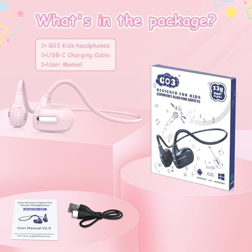 Golvery Kids Open Ear Bluetooth 5.3 Headphones – Ultra-Lightweight Wireless Earbuds with Built-in Microphone – 10-Hour Playtime for Safe Listening – Perfect for Learning, Play, and Enhanced Awareness – Ideal for Tablets, Phones, and Kindles
