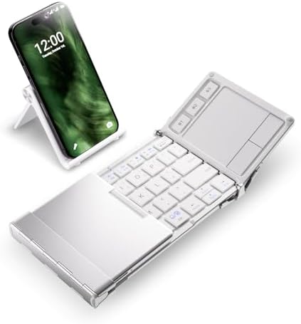 Ultra-Portable i Clever Bluetooth Keyboard with Touchpad – Sleek Foldable Design, Durable Metal Body, USB-C Charging, Multi-Device Compatibility for i Pad, i Phone, Android & Windows – Perfect for Travelers and Professionals in Silver White