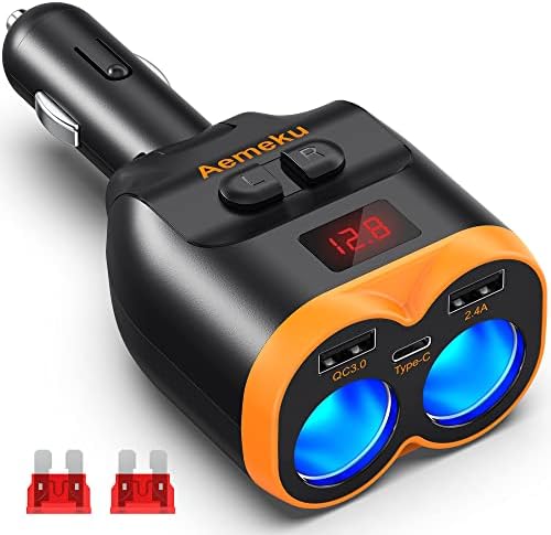 High-Power PD20 W USB-C QC3.0 Car Charger Adapter – Dual USB-A Ports with Independent Switches, 120 W Output, LED Voltmeter & Replaceable Fuse for Fast Multi-Device Charging in 12/24 V Vehicles – Ideal for GPS, Dash Cams, and Mobile Devices