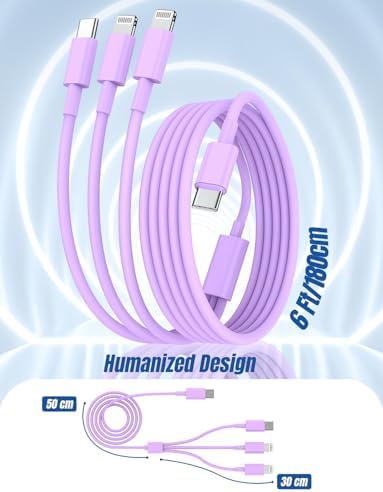 Versatile 3-in-1 i Phone Charger Cable – 6 FT USB C to Lightning with Triple Port Compatibility for i Phone 16/15/14/13/12/11 Pro Max/XS/XR/8 & i Pad Pro/Mini – Fast Charging Solution (2-Pack, Black) for Effortless Multi-Device Power Management