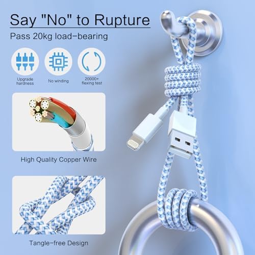 Apple MFi Certified 6 Pack Nylon Braided Lightning Cables – Fast Charging in Stylish Pastel Colors, Versatile Lengths (3 FT, 6 FT, 10 FT) for i Phone 14 Pro, 13 Mini, 12, 11 Pro Max, XR, XS, 8, 7, Plus, 6 S – Enhanced Durability & Quick Data Transfer