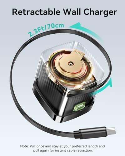 Revolutionize Your Charging Experience with the 65 W Retractable Wall Charger – PD Fast USB-C Adapter with Built-In Retractable Cable, Travel-Friendly Foldable Plug, Ideal for i Phone 16/15, Mac Book Pro, i Pad, Galaxy & More – Unmatched Speed and Versatility for All Devices