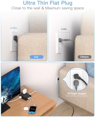 Versatile Surge Protector Power Strip with 8 AC Outlets & 4 USB Ports (2 USB-C), 6 Ft Flat Plug Extension Cord, 1080 Joules Safety Rating, Wall Mountable Charging Station for Home, Office, and Dorm – Streamlined Device Management & Fast Charging Enhanced