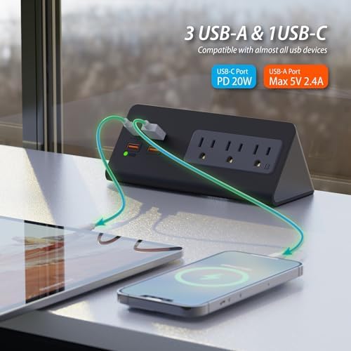 Revolutionize Your Workspace with the Enhanced Desk Edge Clamp Mount Power Strip – Featuring PD20 W Fast Charging USB-C Port, Three AC Outlets, and 5.6 Ft Extension Cord for Ultimate Versatility and Organization, Perfect for Home and Office Use, Streamline Your Charging Needs with this Compact Nightstand Solution