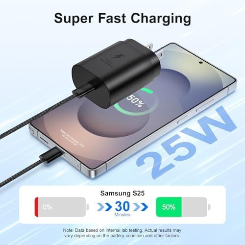 Excgood 25 W Ultra-Fast USB C Charger with 6 ft Durable Braided Type C Cable – Optimal Charging Solution for Galaxy S25/S24/S23/S22 – Dual Pack for Home & On-the-Go – Enhanced Power Delivery with Safety Features