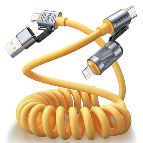 Revolutionize Your Charging with the 4-in-1 Coiled USB C Cable – Lightning, Type C & USB A Ports for Car [60 W Fast Charging & Data Transfer] – Perfect for i Phone, i Pad, Car Play & Android Auto – 5 ft Versatile Multi-Charger Cord for Seamless Connectivity on the Go