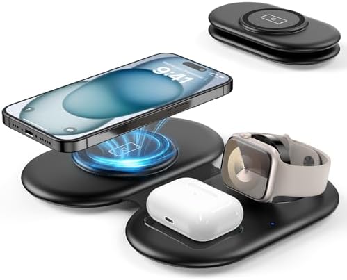 Revolutionary Compact Magnetic Wireless Charger – Fast-Folding Travel Station for i Phone 15/14/13/12/Pro/Max/SE/11/X/XR/8 & Apple Watch Series 9/8/Ultra/SE/7/6-2 – Ultimate On-the-Go Power Hub with Enhanced Safety Features for Tech Enthusiasts and Travelers – Portable Multi-Device Charging Solution for i Pods 3/Pro/2, Perfect for Efficient Travel and Seamless Connectivity