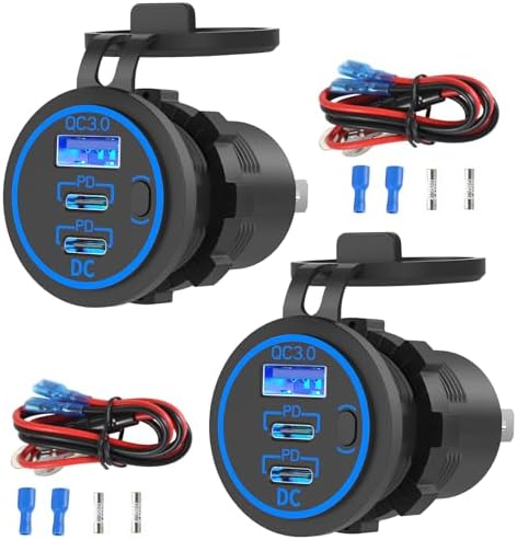 Power Up Anywhere: 2 Pack High-Speed USB C Car Charger Socket – 12 V Multi-Port Cylinder Charger with 30 W PD & 18 W QC3.0, Waterproof Button Switch for Cars, Boats, RVs, Trucks, and More – Ultimate Versatility and Durability