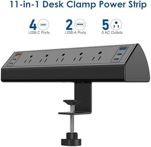 Revolutionize Your Workspace with the Desk Clamp Power Strip USB C – 75 W Total Fast Charging Hub Featuring 5 AC Outlets and 6 USB Ports, Optimized for 1.6″ Tabletop Edges – Ultimate Surge Protection for Laptops, Smartphones, and More