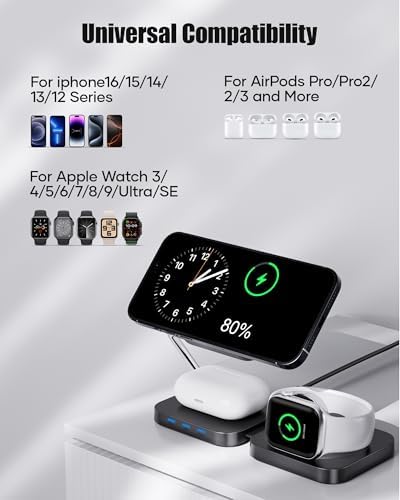 Ultimate 3-in-1 Fast Wireless Charging Station for i Phone 12-16, Air Pods, & Apple Watch – Sleek Travel Charger for Effortless Power Management, Perfect Gift for Tech Enthusiasts – Compact Design in Elegant White for On-the-Go Convenience