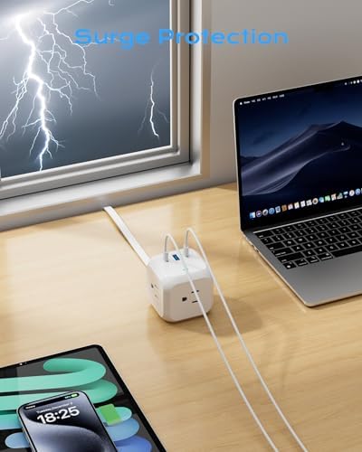 Compact Power Strip Cube with 3 AC Outlets & 3 USB Ports (2 USB-C) – 900 Joules Surge Protection & 5 ft Flat Plug Extension Cord for Home Office & Travel – Versatile Charging Station for Enhanced Device Compatibility & Safety
