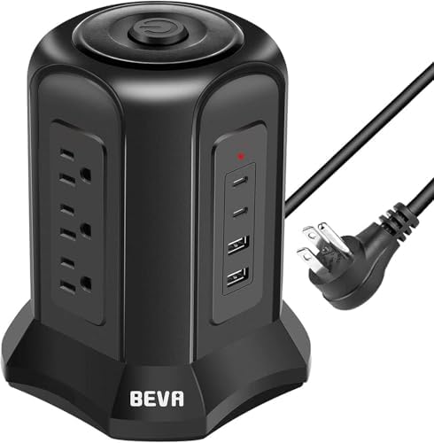 BEVA Tower Surge Protector Power Strip: 9 AC Outlets & 4 Fast-Charging USB Ports for Ultimate Device Connectivity, 6.5 FT 18 AWG Extension Cord with 3-Prong Flat Plug – Ideal Desk Charging Station for Office, Dorm & Home Use, Ensuring Safety & Efficiency