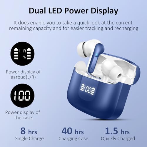 Next-Generation Bluetooth 5.4 Wireless Earbuds with Superior Hi-Fi Stereo Sound – IP7 Rated Waterproof & Noise Cancelling Earphones Featuring Quad ENC Mics for Clear Calls – 40-Hour Playtime Mini Headset Ideal for Laptops, Tablets, TVs, and Smartphones – Stylish Deep Blue Design for Ultimate Portability and Comfort