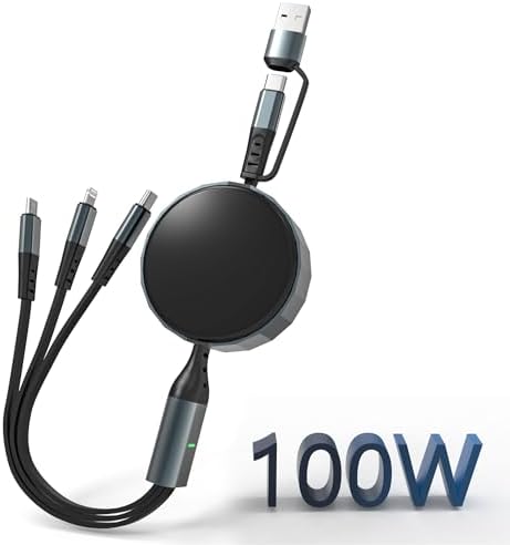 Revolutionary 100 W Retractable Multi-Device Charging Cable: Fast-Powered Type C, Micro USB, & Lightning Connectors for Effortless Charging – Tangle-Free 4 FT Design for i Phone, Galaxy, Android, i Pads & Mac Books – MFi Certified for Optimal Apple Compatibility – Perfect for Travel Enthusiasts & Everyday Use