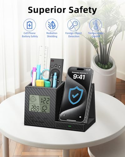 Multi-Functional Desk Organizer with Wireless Charging, Digital Thermometer & Humidity Monitor – Stylish Brown Pen Holder for Home Office Efficiency and Clutter-Free Workspace