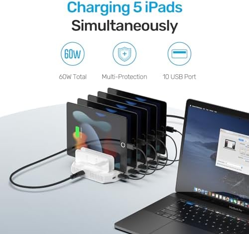 Unitek 10-Port USB Charging Station: Smart IC Technology for Fast, Organized Device Charging with Adjustable Dividers – Ideal for i Pads, Tablets, Kindles & i Phones in Home or Office Settings