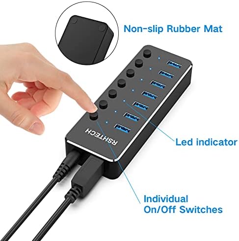 Elevate Your Connectivity with the RSHTECH 4 Port USB C to USB 3.0 Hub Expander – Sleek Aluminum Powered Splitter with 5 V AC Adapter & Individual On/Off Control for High-Speed Data Transfer (RSH-516-C) – Perfect for Professionals & Multitaskers