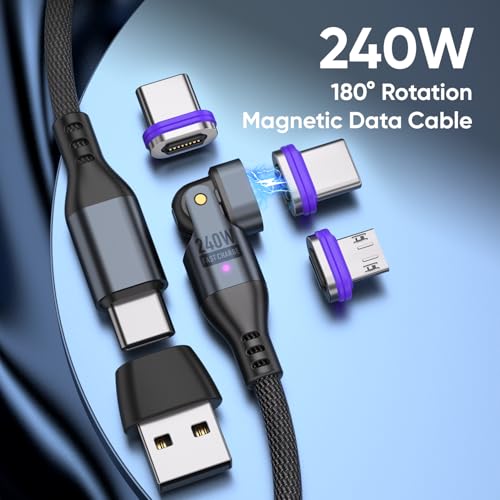 240W Magnetic Charging Cable ，180°Rotating USBC to USB C Magnetic Data Cable ，Micro USB Magnetic Phone Fast Charger Cable Data Transfer for Laptop/Tablet/Smart Phone (6ft) – Enhanced Compatibility and Speed