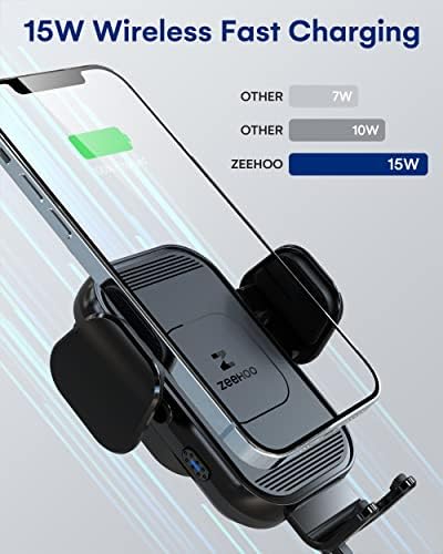 Zee Hoo 15 W Fast Wireless Car Charger with Auto-Clamping Phone Holder – Effortless One-Handed Operation for i Phone 15/14/13/12/11 Pro Max, Qi-Enabled Charging Mount in Sleek Black for Optimal Driving Convenience and Seamless Integration