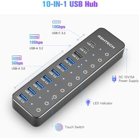 Elevate Your Workspace with RSHTECH 10-Port USB Hub – High-Speed 10 Gbps Data Transfer, 60 W Power Output for Rapid Charging, Individual Touch Controls for Seamless Device Management – Ideal USB-C and USB-A Solution for Laptops and PCs