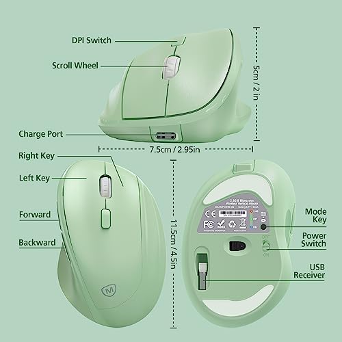 Revolutionize Your Workspace with the Green Ergonomic Wireless Mouse – Superior Vertical Design for Ultimate Comfort, Silent Clicks for Distraction-Free Focus, Long-Lasting Battery Life Powered by 1 AA Battery, Precision Control Up to 1600 DPI with USB Receiver Compatibility for PCs, Laptops, and Desktops