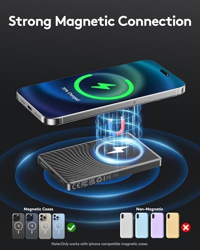 Ultra-Slim 10,000 m Ah Mag Safe Power Bank for i Phone 16/15/14/13/12 – Fast Wireless Charging in Sleek Metallic Black, Magnetic Attachment for Hassle-Free Portability and Quick Power-Ups – Ideal Travel Companion for On-the-Go Charging Solutions